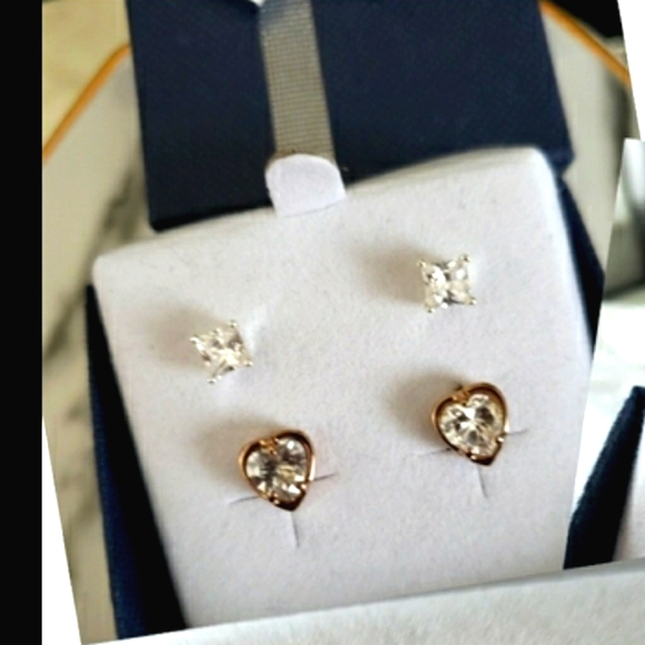Earrings Brilliant Cuts Princess 925 SS & Heart Shape Rose Gold/Sterling NWT - Picture 5 of 6